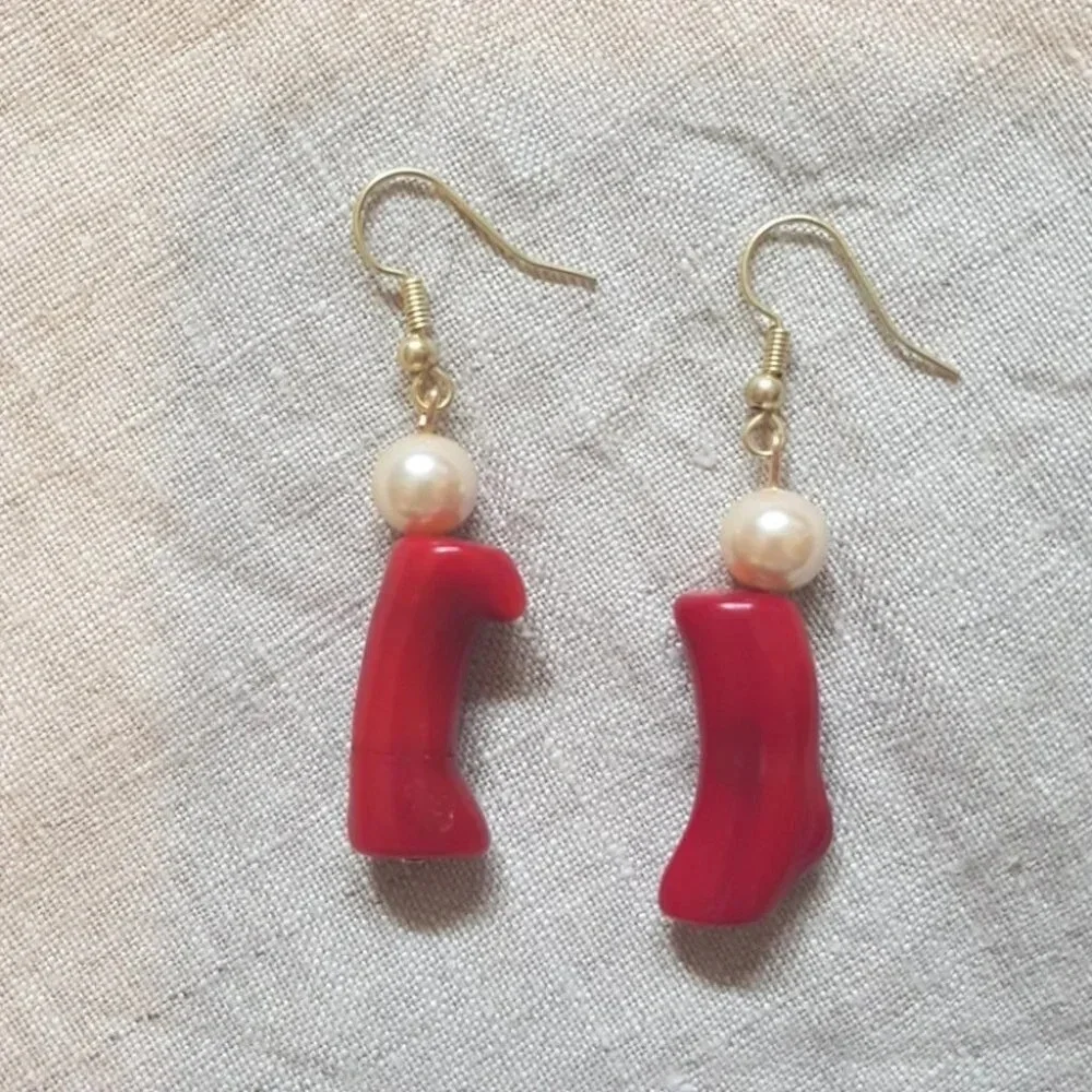 Patch & Roam Red Coral and faux pearl dangle earrings Habdmade Upcycle - Picture 2 of 5